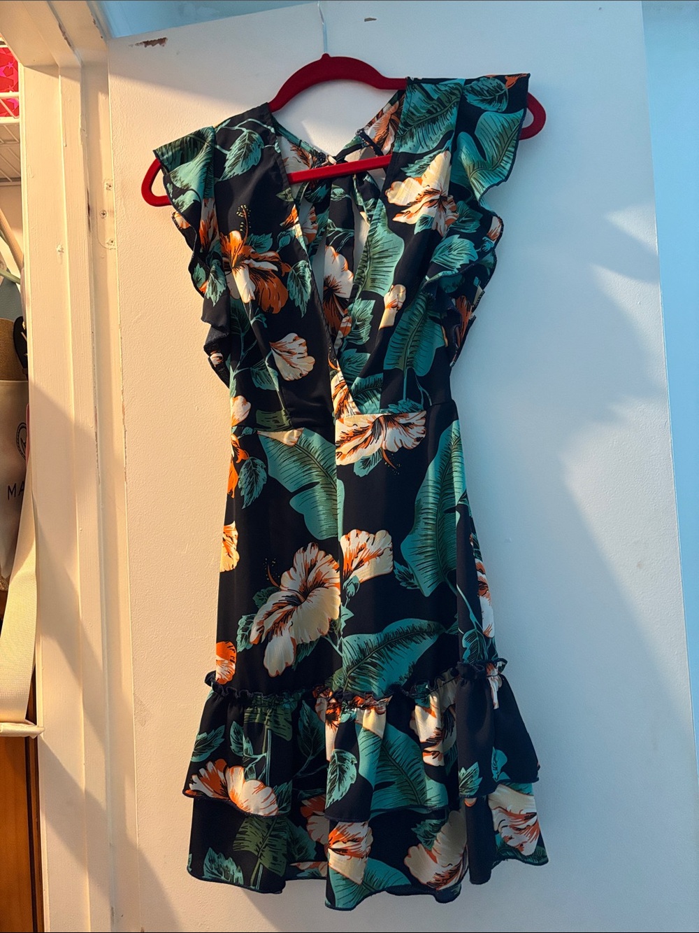 Kids Floral Ruffle Dress - Navy with Green & Orange Print